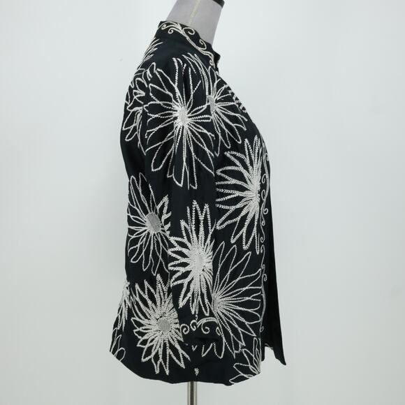 Chicos Jacket 2 Womens Large 12 Black White Silk Embroidered Open Front Mandarin - Picture 9 of 13